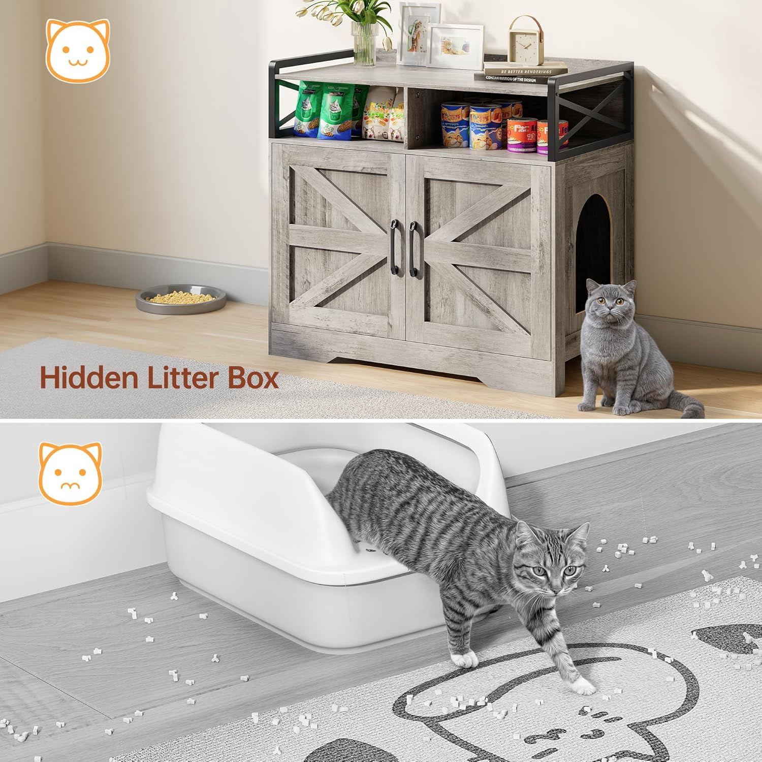 SELOOYE Cat Litter Box Enclosure, Ultra-Large Hidden Litter Box Furniture with 2 Open Drawers, Pet House, Fit Most of Litter Box, Grey