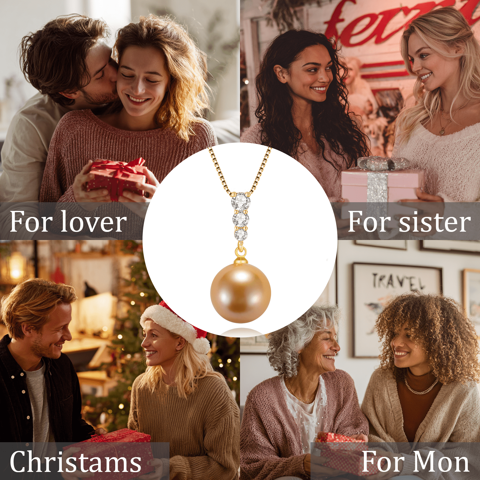 Yami 11-12mm Golden Pearl Pendant Necklace Saltwater Cultured Round Pearls in 925 Sterling Silver, 18+2in Adjustable Length Mother' Day Gift for Her