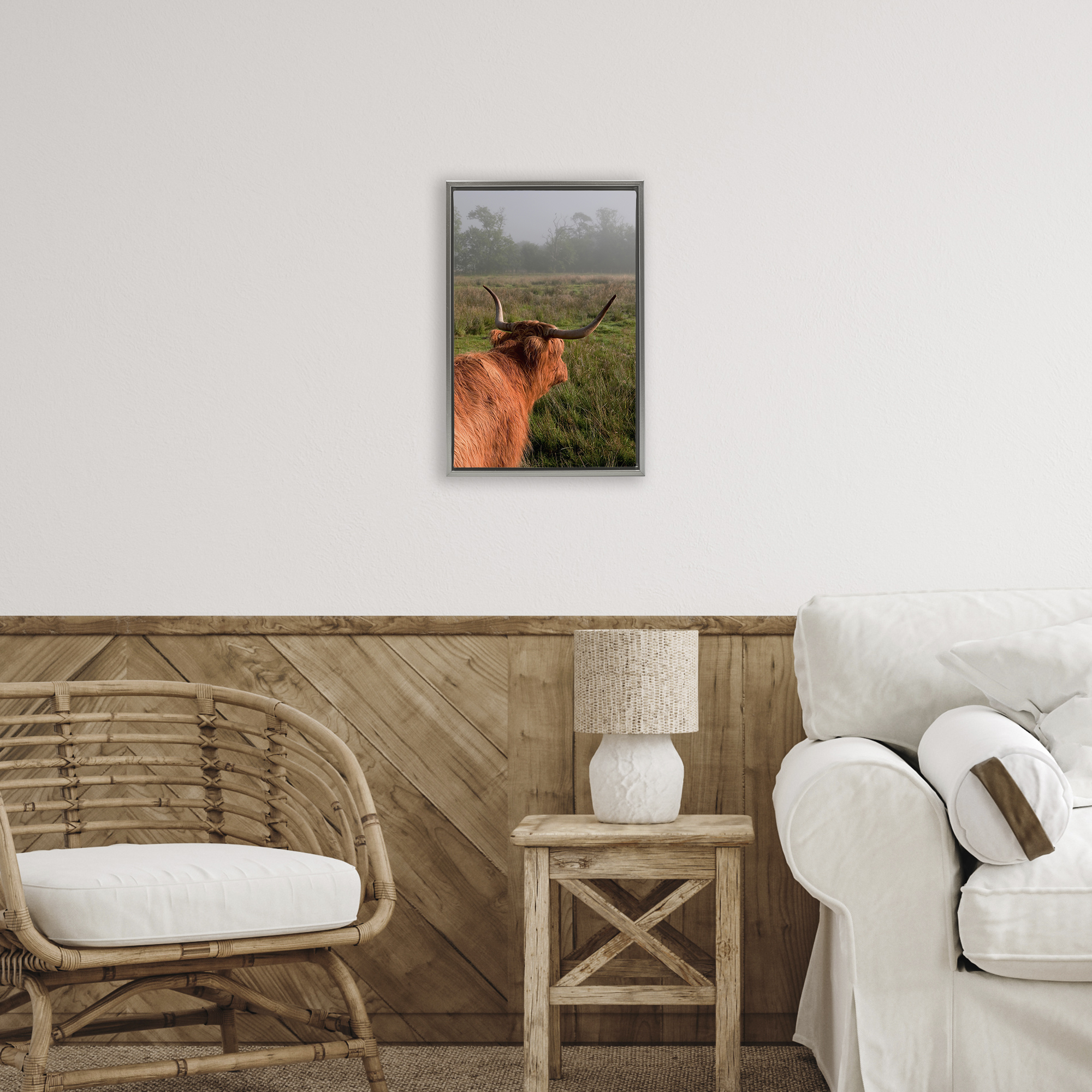 Highland Cow Gazing Out Gray Framed Floater Canvas Wall Art, design by Jenny Rainbow Fine Art