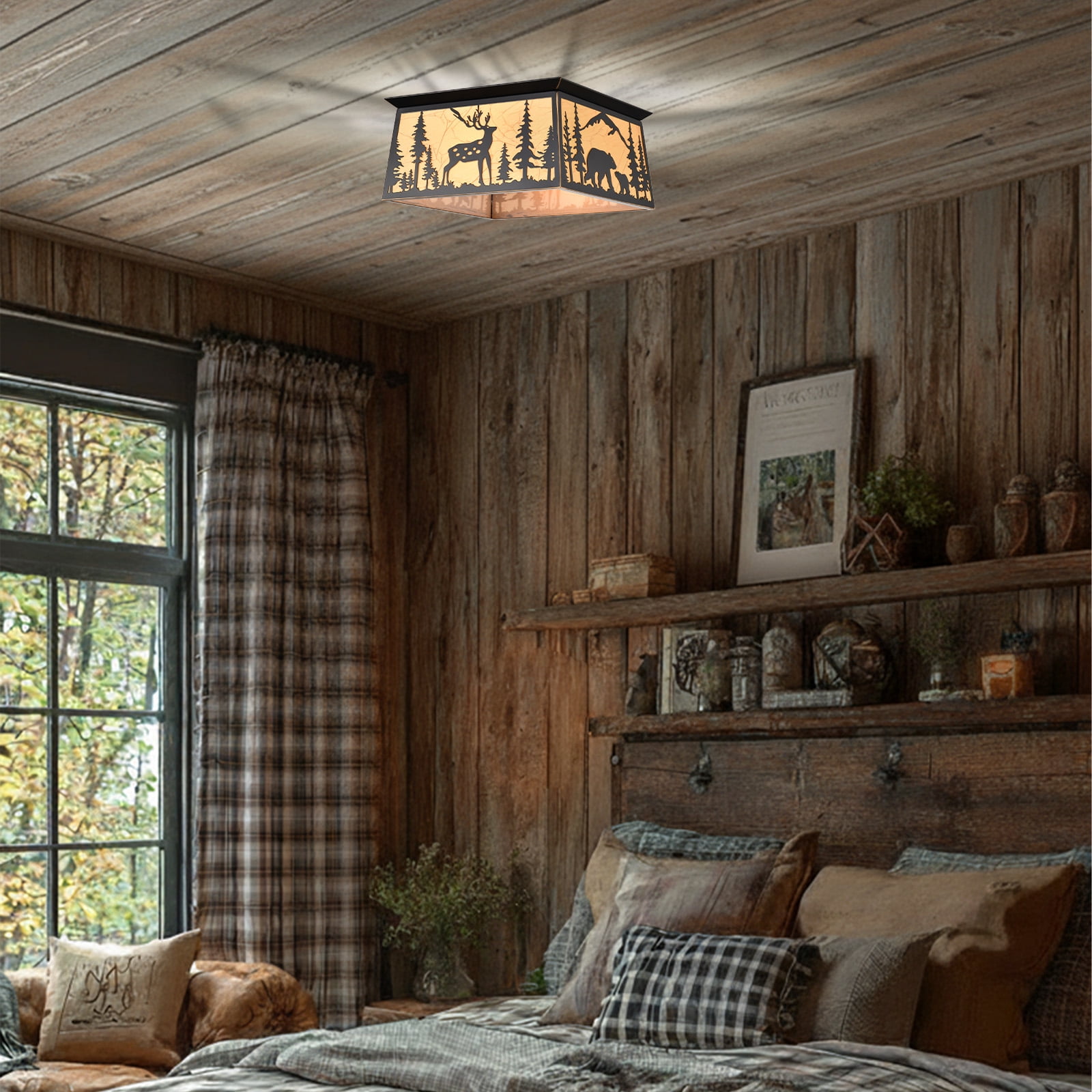 Sunnyin Farmhouse Ceiling Light Deer Bear Rustic 2-Light Black Fixture
