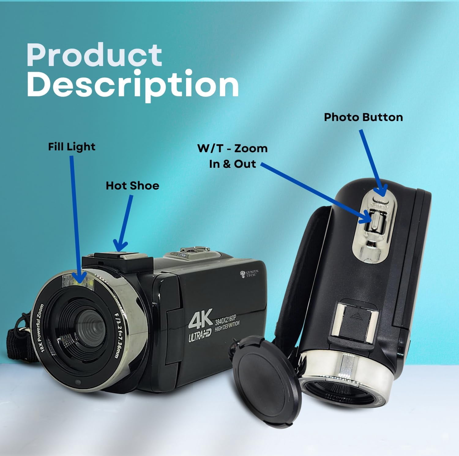 GeniusTech Digital Video Camera 42MP with 64GB SD Card, Remote, Case & USB Cable – Black