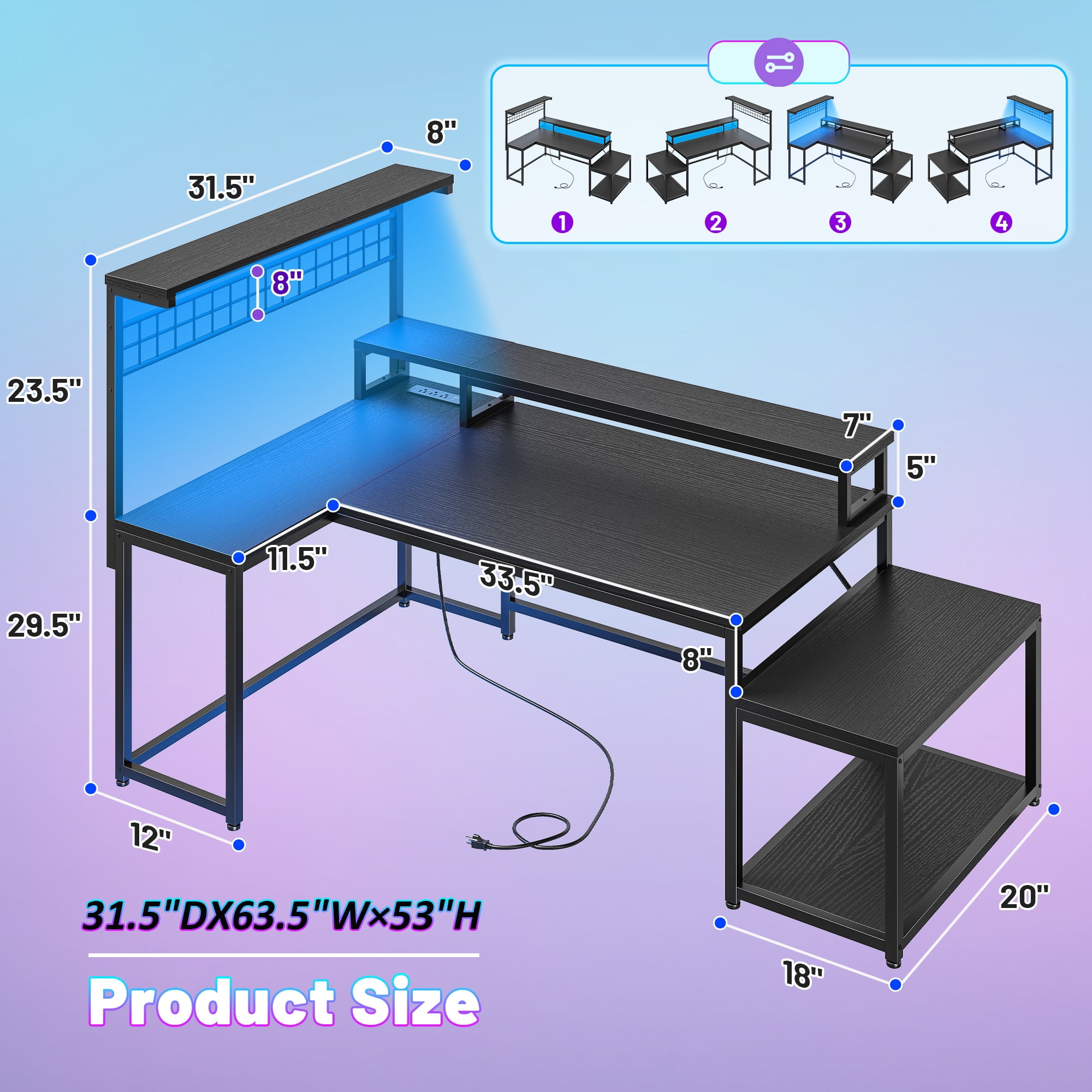 Romorgniz 63.5"W L Shaped Computer Desk with LED Lights & Power Outlets, Gaming Desk with Monitor Stand, Printer Stand & Storage Shelves for Home Office, Black