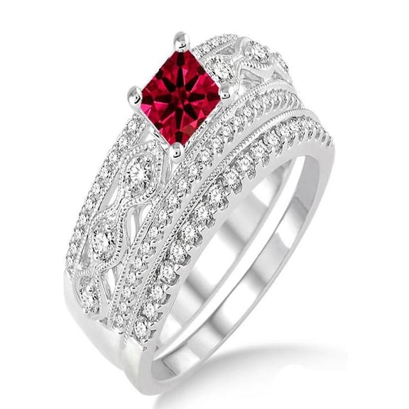 1.5 Carat Ruby & Diamond Antique Bridal Set Engagement Ring on 10k White Gold