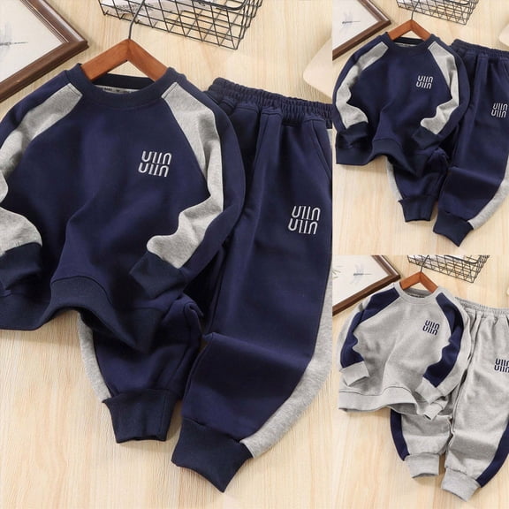 Boy Clothes 2 Piece Color Block Sweatshirt and Pants Set Fall Winter Outfit for Toddler and Kids(Blue,4-5 Years)