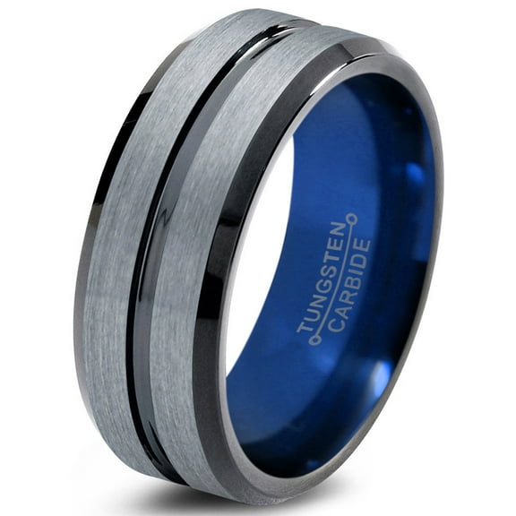 P. Manoukian Tungsten Wedding Band Ring 8mm for Men Women Blue Black Grey Beveled Edge Brushed Polished Lifetime Guarantee Size 6