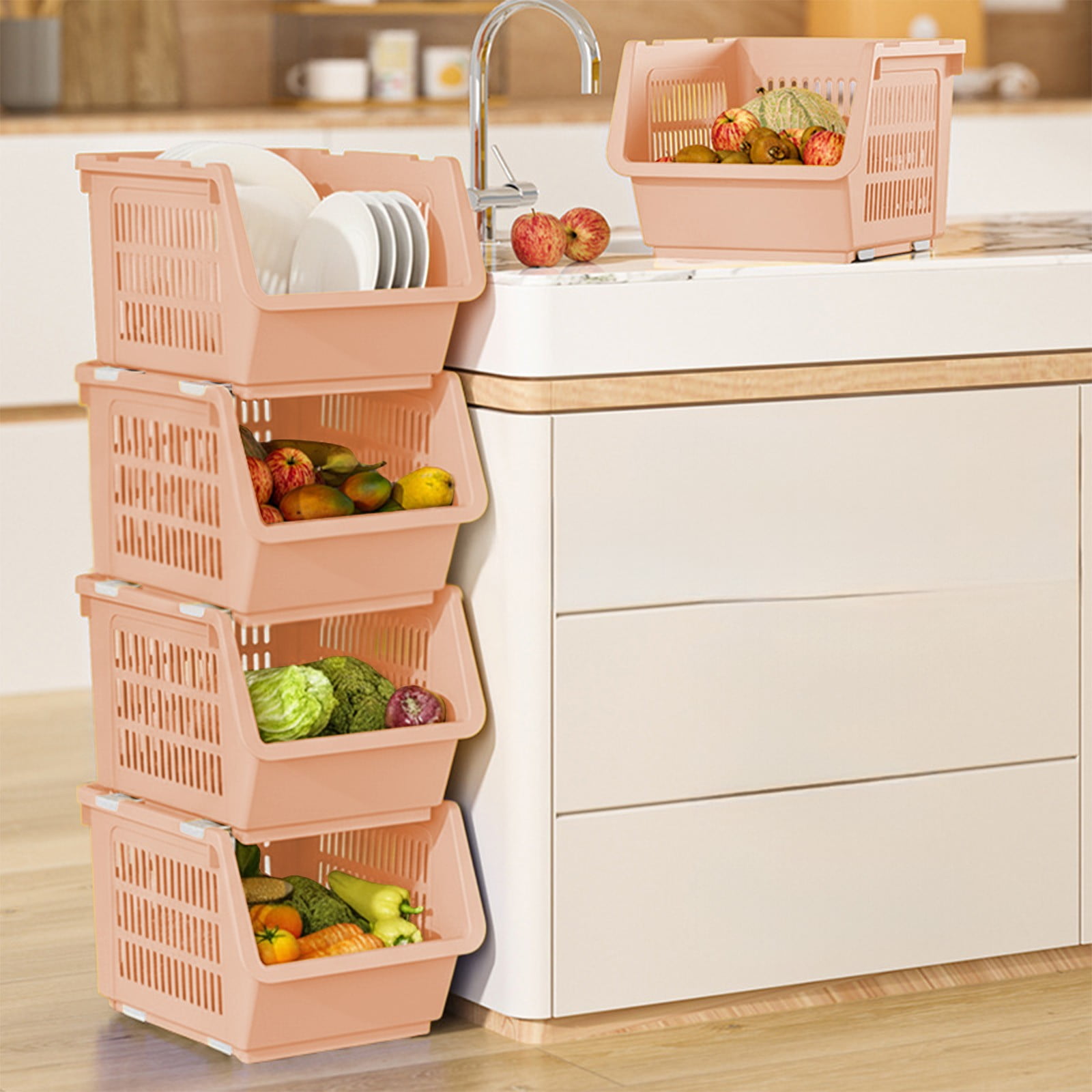 3 Pack Stackable Storage Baskets, Large Capacity Stackable Storage Bins Open Front, Space Saving Home Organization for Kitchen Bedroom Office