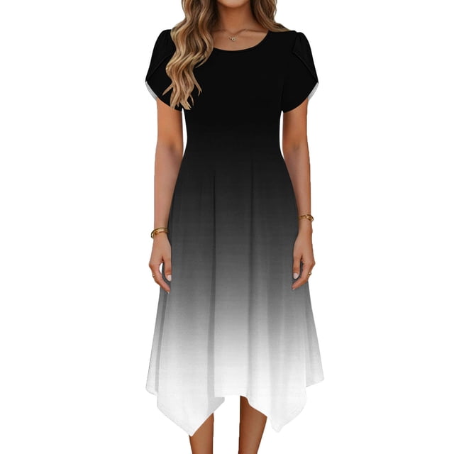 TaTaai Women's Casual Gradient Print Round Neck Short Sleeve Dress with Ruffle Sleeves Irregular Hem Fashion Midi Dress Soft Breathable Fabric for Spring Summer Daily Life Gift