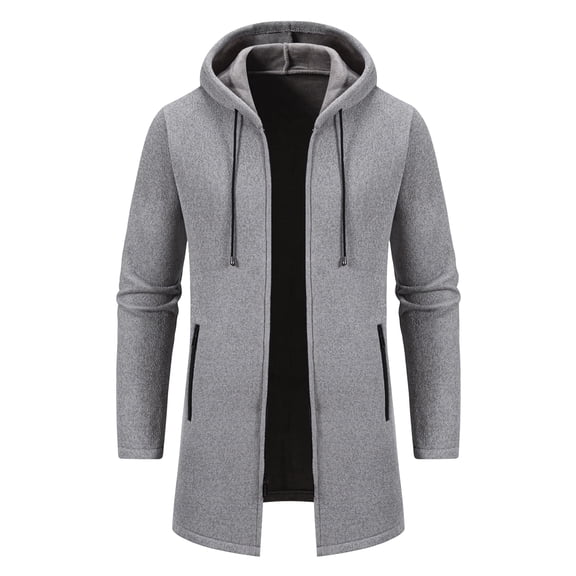 Men's hooded jacket, autumn and winter fleece mid-length, casual zipper drawstring pocket outdoor business wear