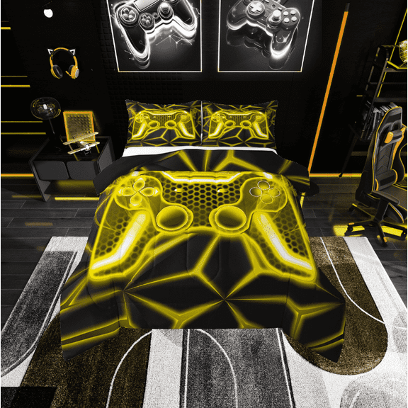 Erosebridal Yellow Gamepads Bedding Twin Comforter Set,Video Game Down Comforter,Geometric Plaid Bedding Sets Twin with Comforter,Microfiber Male Bedroom Decor,Reversible,2-Piece