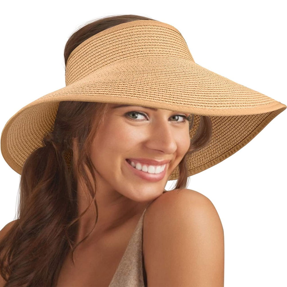 Women Sun Visors Wide Brim Foldable Packable Ponytail Beach Hat Straw Leopard Roll Up Bow Visor Sun Hats 