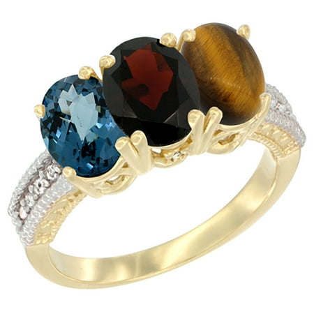 - 14K Yellow Gold Natural London Blue Topaz, Garnet & Tiger Eye Ring 3-Stone 7x5 mm Oval Diamond Accent, sizes 5 - 10