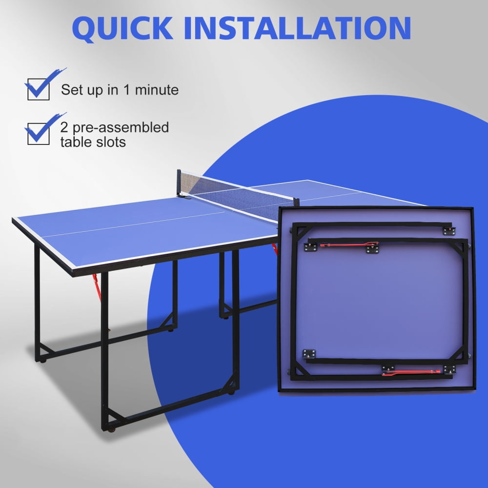 6ft Mid-Size Table Tennis Table, Foldable & Portable Ping Pong Table Set for Indoor & Outdoor Games with Net, 2 Table Tennis Paddles and 3 Balls