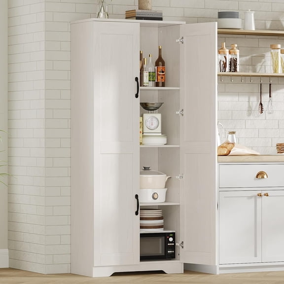 60" Tall Pantry Cabinet | Kitchen Storage Cabinet with 2 Doors & Adjustable Shelves, Wooden Cupboard for Bathroom,Dining Room, Living Room, White