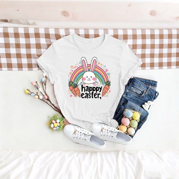 TaTaai Women's Casual Cotton T-Shirt Easter Printed Short Sleeve Crew Neck Loose Fit Summer Chic Top Daily Office Weekend Party Gift