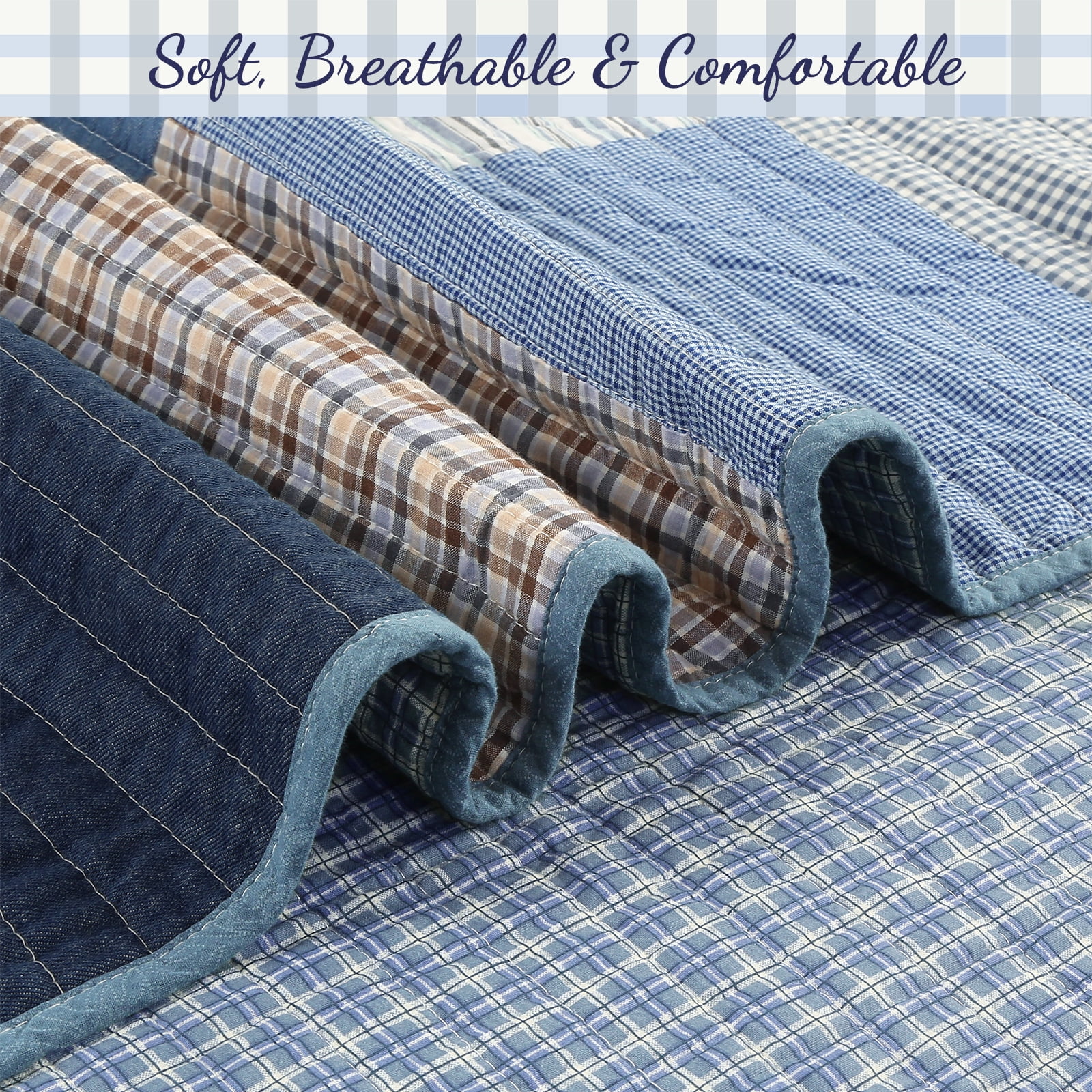 Cozy Line Home Fashions Cozy Line Blue Jean Plaid Stripe Tartan Patchwork Cotton Reversible Quilt Bedding Set Queen