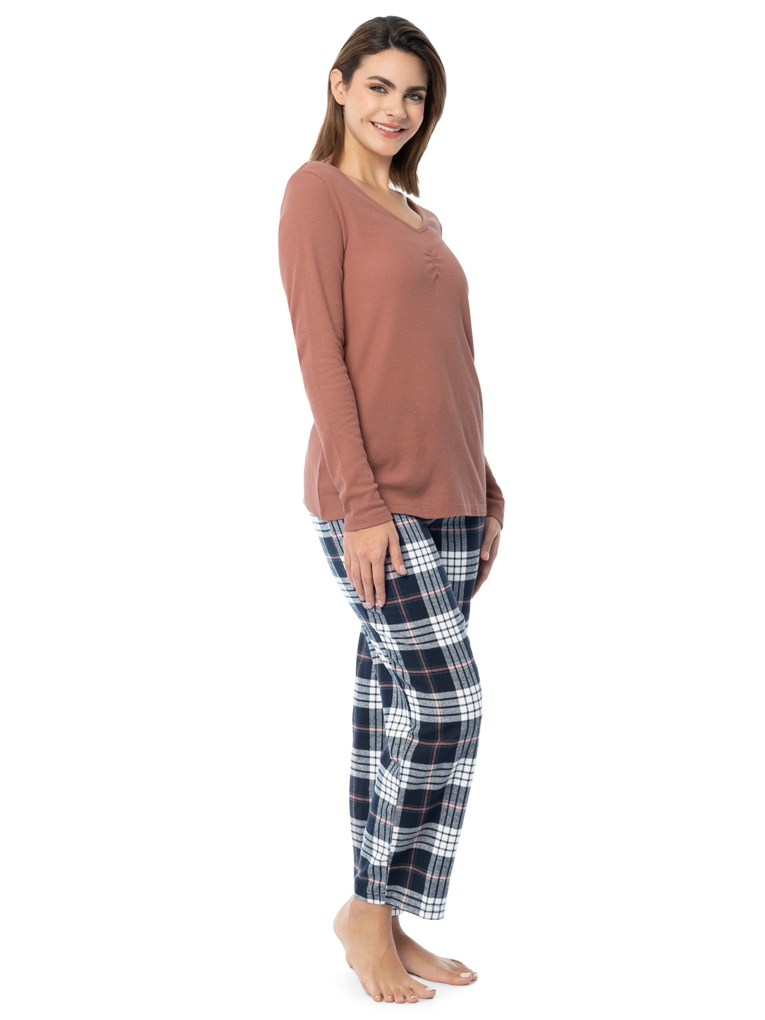Fruit of the Loom Women's Beyond Soft Long Sleeve Waffle Top and Flannel Bottom Pajama Set, Sizes S-4X
