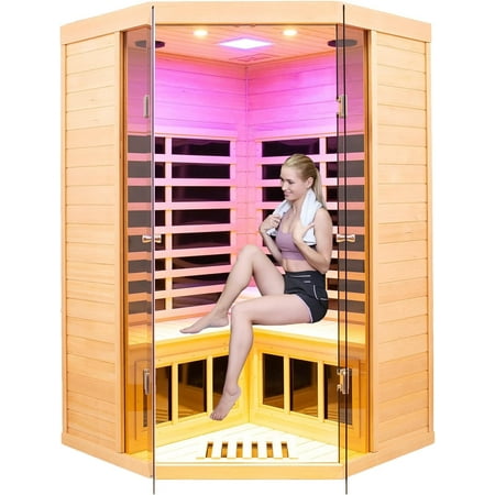 Saunas Far Infrared Sauna, Indoor Corner Space Wooden Dry Sauna Low EMF(Hemlock Wood, 2-3 Person Size)