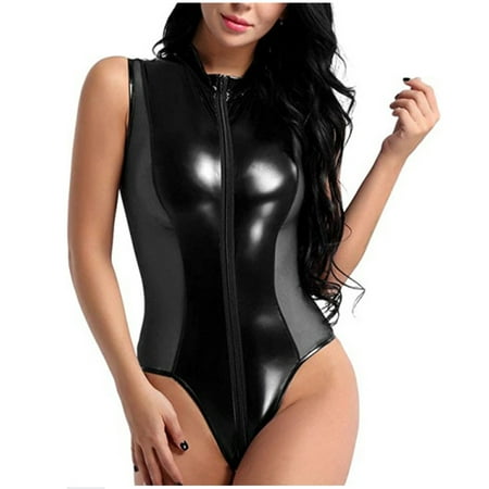 

Juebong Women s Wet Look Zipper Crotch Bodysuit Sexy Pvc Leather One Piece Jumpsuit Metallic Sleeveless Clubwear Teddy Lingerie