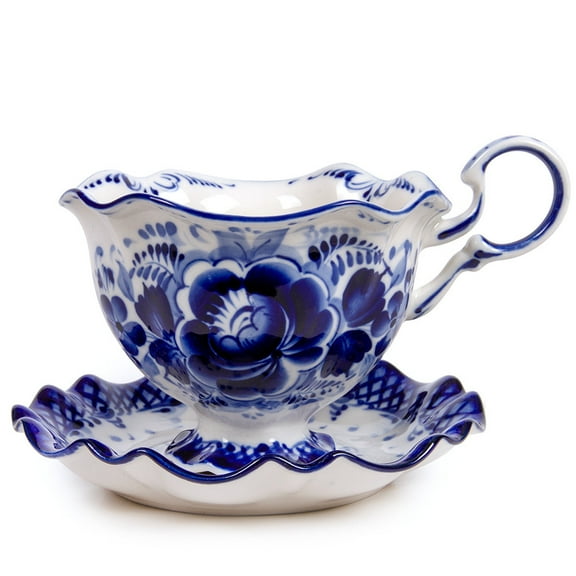 Porcelain Kitchen Teacup Gzhel Blue & White Porcelain Snowflake Teacup w/ Saucer 6 fl oz Pretty Tea Cup with Matching Saucer