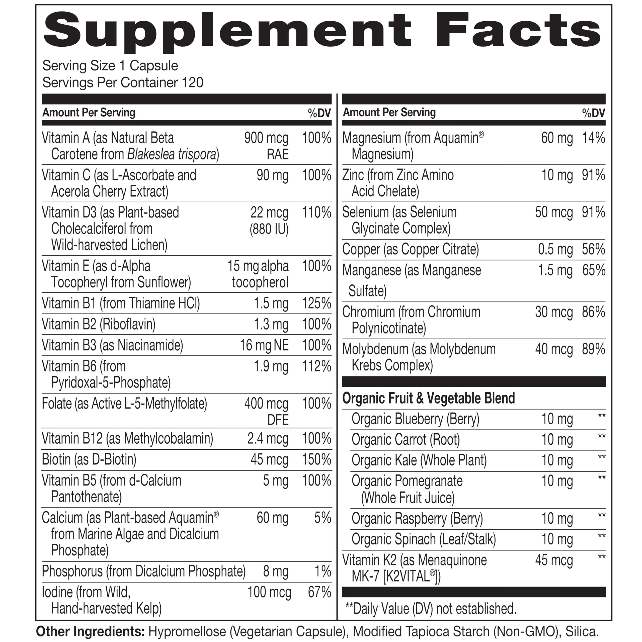 NATURELO One Daily Multivitamin for Women 50+ (Iron Free) - Menopause Support for Women Over 50 - Whole Food Supplement - Non-GMO - No Soy - 120 Capsules - 4 Month Supply