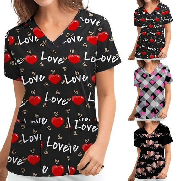 QATAINLAV Valentines Day Scrubs for Women Cute Heart Print Short Sleeve V Neck Stretchy Nursing Scrub Tops Medical Holiday Workwear Nurse Working Uniform with Pockets Prime Sale Black L