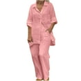 thumbnail image 2 of UVEASISHA 2 Piece Set for Women Cotton Linen Lounge Sets Short Sleeve Lapel Button Down Shirts and Wide Leg Pants Set Plus Size Comfy Loungewear with Pockets Pink XXXL, 2 of 5