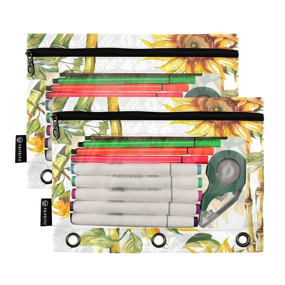 Ckdifva Sunflowers with Bamboo Pencil Pouch 3 Ring Zipper Pencil Case Binder Pockets Clear Top Cosmetic Bag 2 Pack