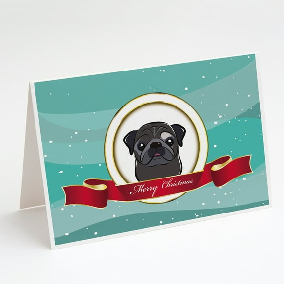 Black Pug Merry Christmas Greeting Cards and Envelopes Pack of 8