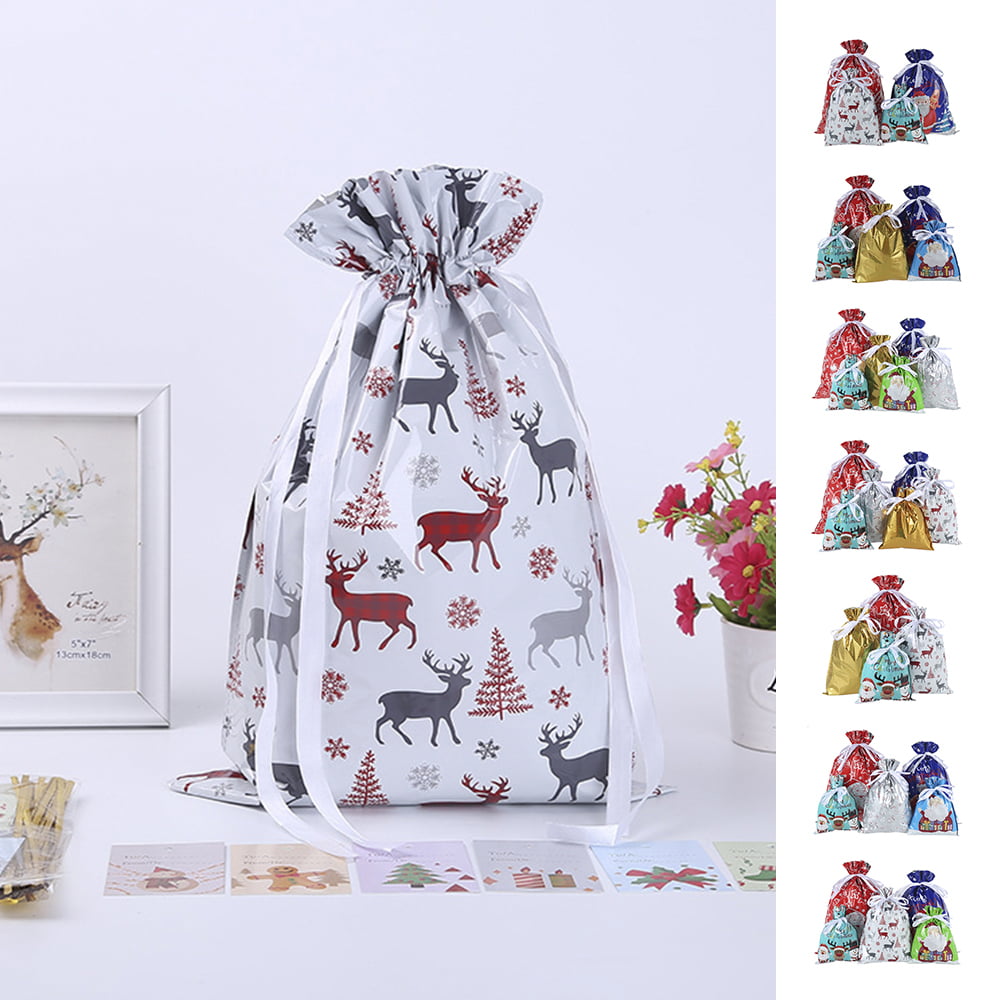 30pcs Christmas Gift Bags Santa Printed Packaging Xmas Treat Foil Drawstring Bag 