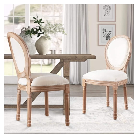 French Dining Chairs Set of 2, Vintage Farmhouse Chairs, Solid Wood Beige Fabric, Round Back, Kitchen & Dining Room