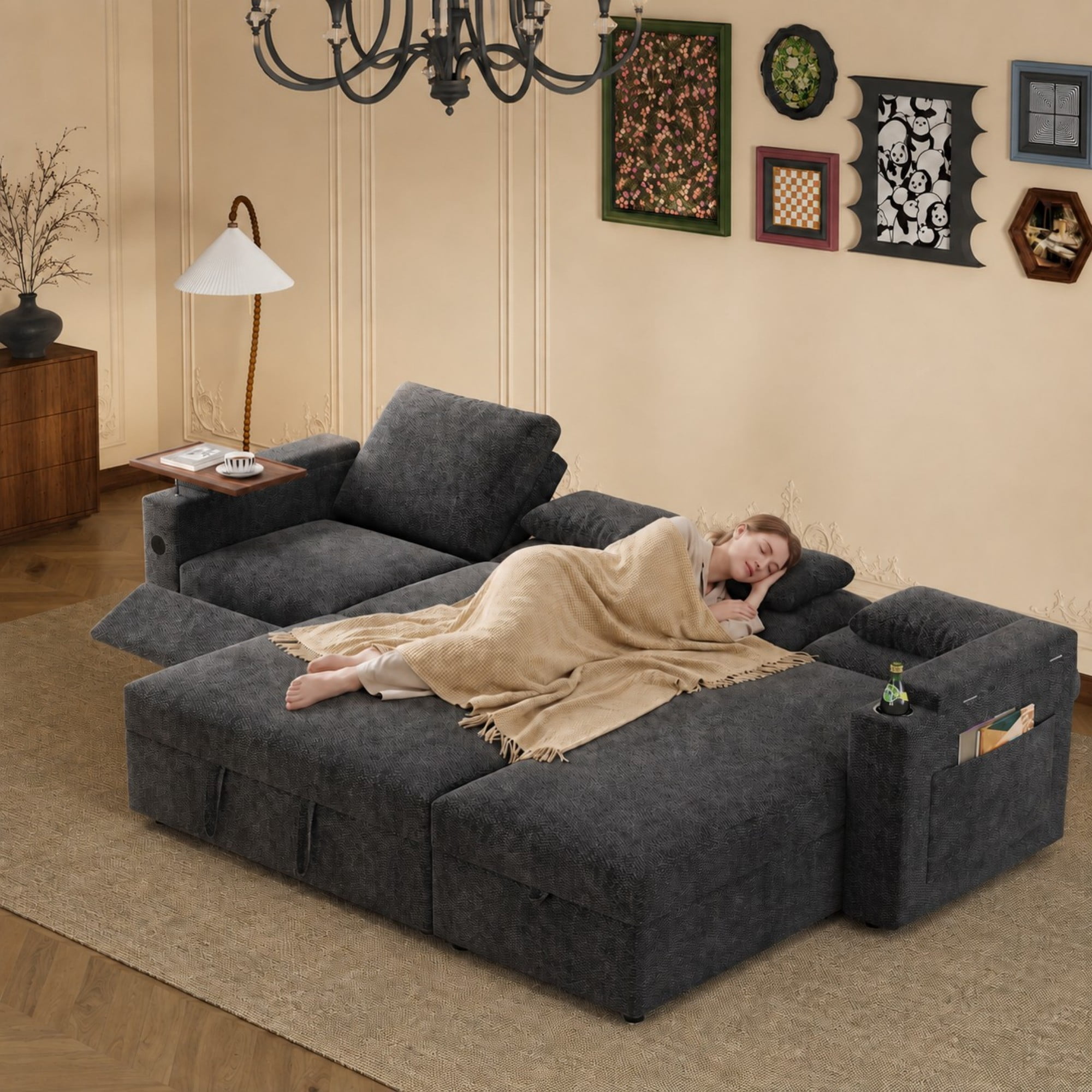 DEALTOPS 108" Chenille L-Shaped Pull Out Sleeper Sofa Bed with Recliner, Storage Chaise & USB Ports, Gray