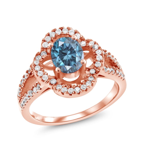 Gem Stone King 18K Rose Gold Plated Silver Ring Oval Persian Blue Moissanite and (1.75 Cttw, Size 6)
