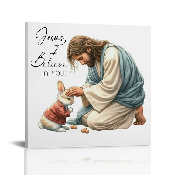 Jesus i believes in you wall art decor Christian wall art, Jesus Easter Bunny Canvas Wall Art Print  Decorations Religious Christian Gifts for Church Prayer Room Living Room Home Decor Wooden Framed