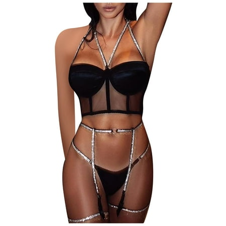 

BIZIZA Bra and Panties for Women Sexy Lingerie Sets Babydoll Pajamas Set with Garter Belt 3 Piece Criss Cross Lace