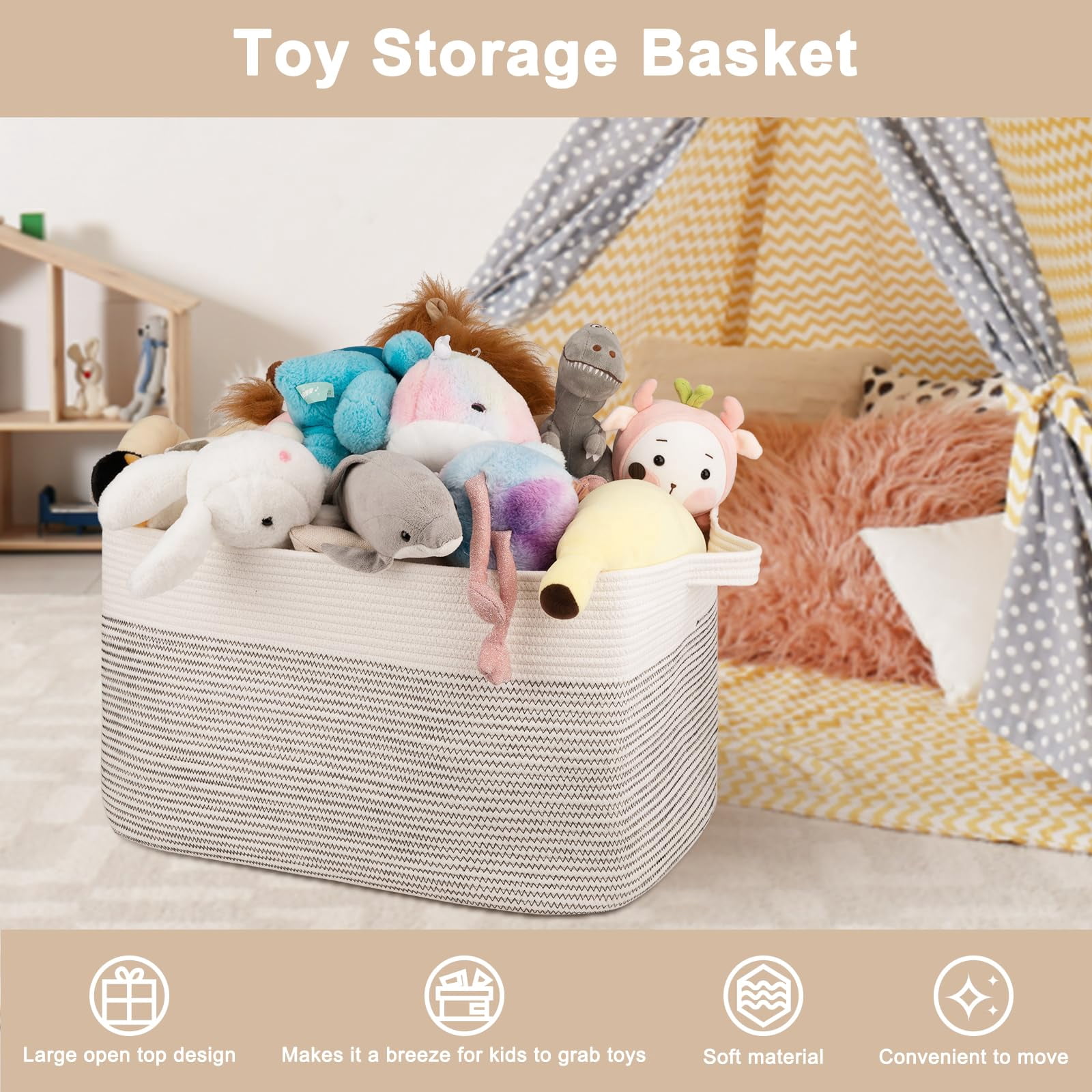 Extra Large Blanket Basket, 95L Woven Storage Basket, Cotton Rope Toy Bin for Baby Room, Container for Storage in Living Room, 24''×17''×14'', Black & White