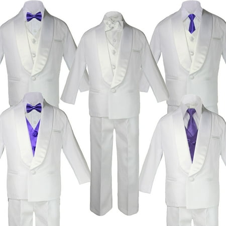 

Baby Teen White Satin Shawl Lapel Suits Tuxedo PURPLE Satin Bow Necktie Vest