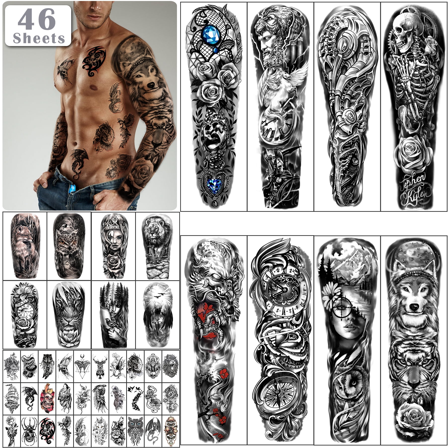 Yazhiji 46 Sheets Full Arm Skull Temporary Tattoos For Men Half Arm Shoulder Angel Tattoo For Ladies Walmart Com