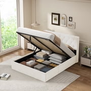 Upholstered Hydraulic Lift Up Storage Platform Bed,Full Size,Cream