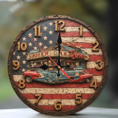 American Diner Clock Retro Vintage Wall Decor 10-Inch Silent Wooden Wall Clock, Battery Operated (AA Batteries Not Included), Artistic Home Decor