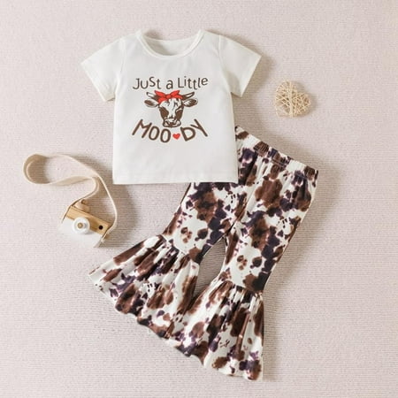 

Baozhu Girls 2 Piece Outfits Tee Top and Print Bell Flared Flare Leg Pants Set
