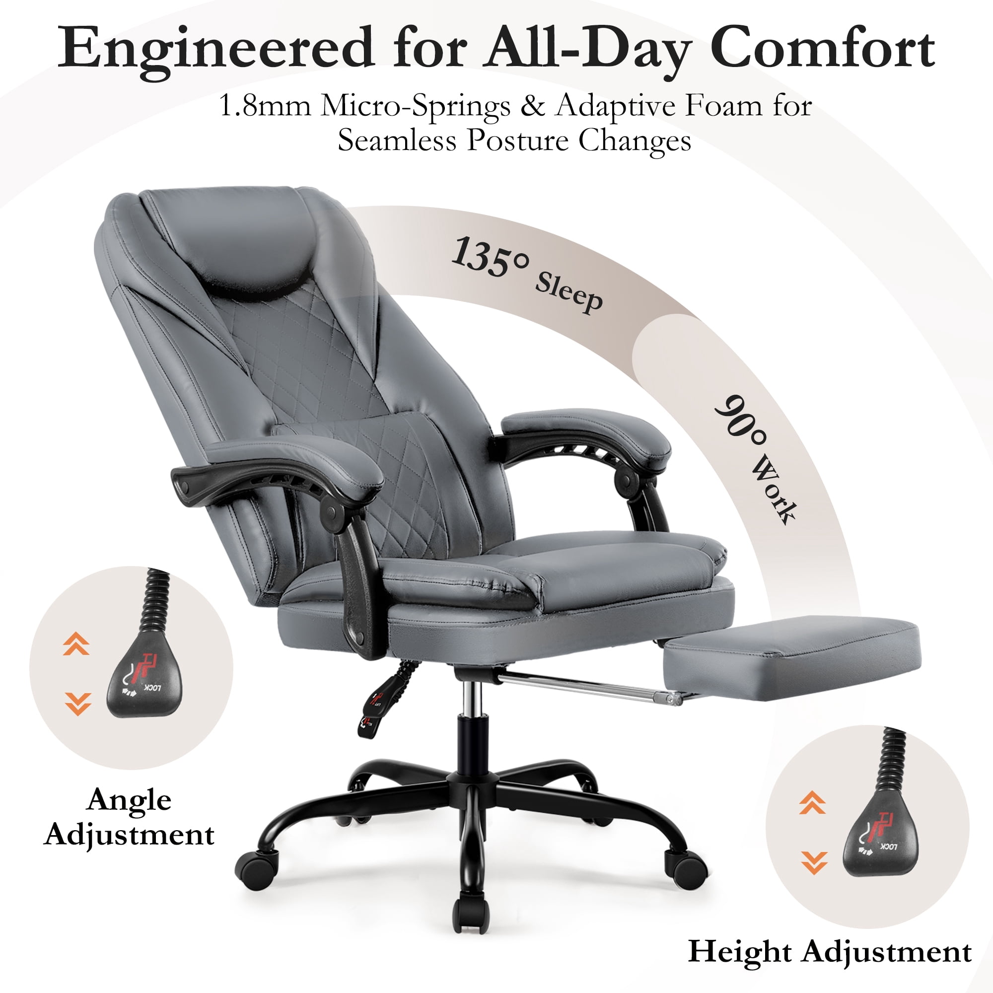 Primy Premium Executive Office Chair - Big & Tall PU Leather Reclining Chair with Footrest & Lumbar Support, 400lb Heavy Duty Ergonomic Computer Desk Chair for Home/Office, Gray