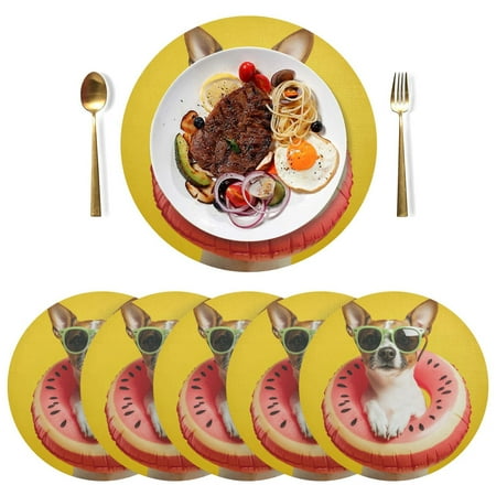 

Round Placemats Plate Mats 15 Inch Non-Slip Heat Resistant Washable PVC Set Table Decoration for Kitchen Dining Dog Wearing Sunglasses