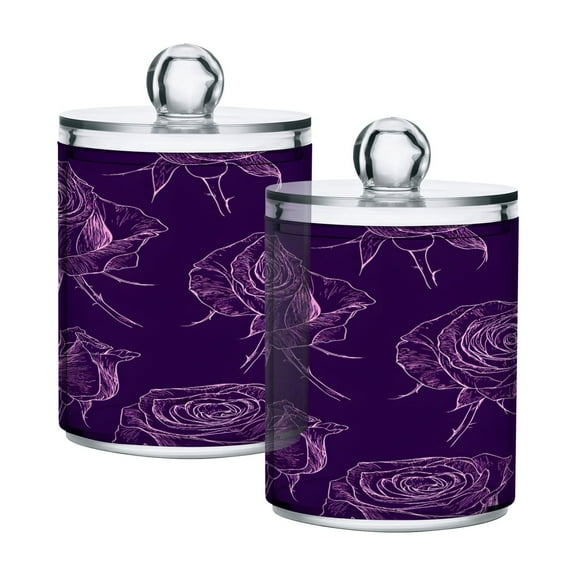 2 Pack Purple Rose Line Art Qtip Holder Dispenser Clear Plastic Storage Apothecary Jars for Cotton Swabs Balls Pads Floss