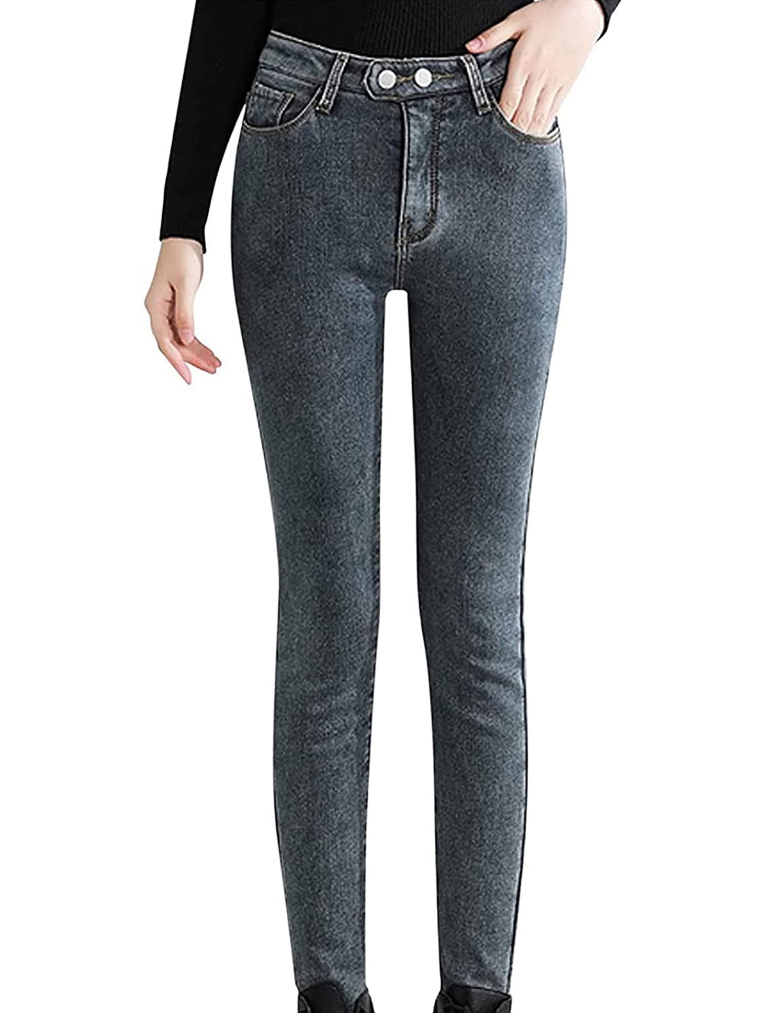 Womens Thermal Fleece Denim Jeans Trousers Winter Warm Stretch Leggings Pants
