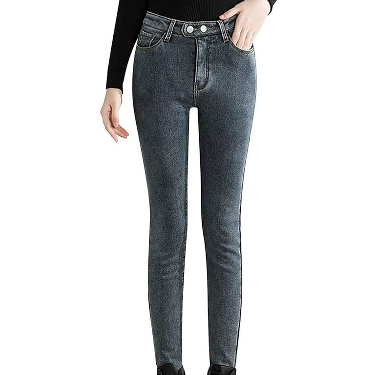 Kiapeise Women Fleece Lined Jeans Thermal Flannel Denim Pants Warm Thicken  Skinny Stretch Legging Trousers with Pocket 