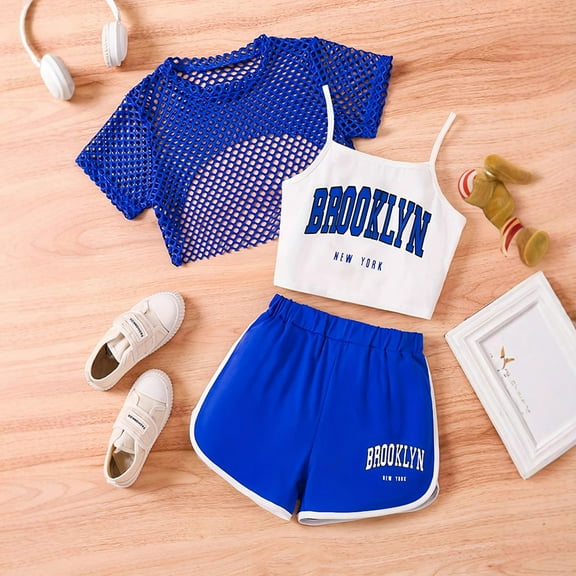 Girls Summer Outfits 3 Piece Set Loose Fit Sleeveless Top Shorts Combo For Outdoor Activities Playwear Casual Girls Outfits Set Blue 10Y