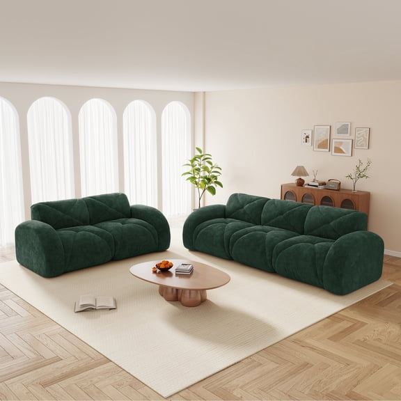 FFZ 2-Piece Comfy Sofa Set with Deep Seat and Velvet Fabric, Green