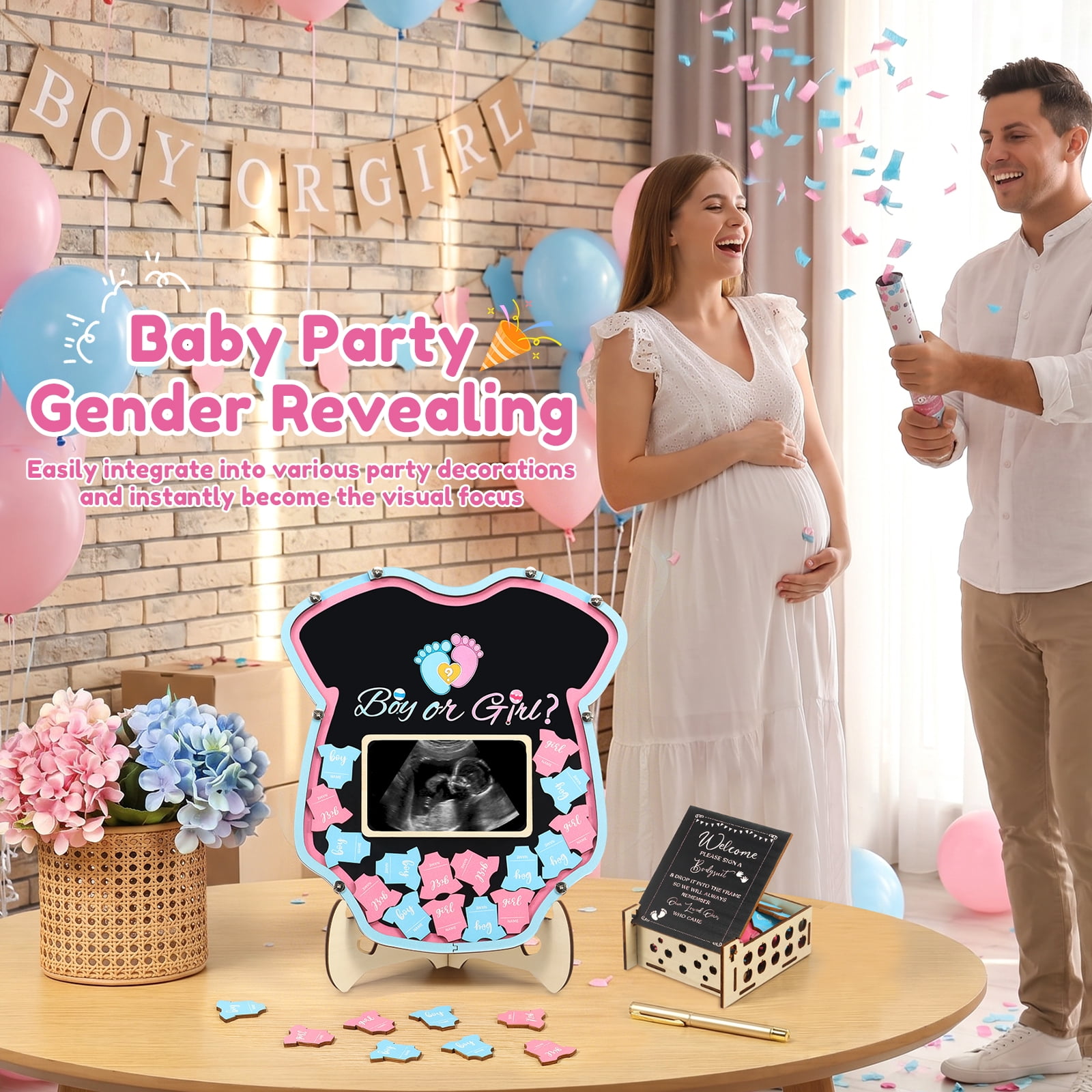 64 Pcs Gender Reveal Baby Shower Guest Book Alternatives Set Baby Shower Decorations with Photo Frame Sonogram Frame Keepsake 60 Wood Slices Guest Book for Expecting Parents and Celebrations