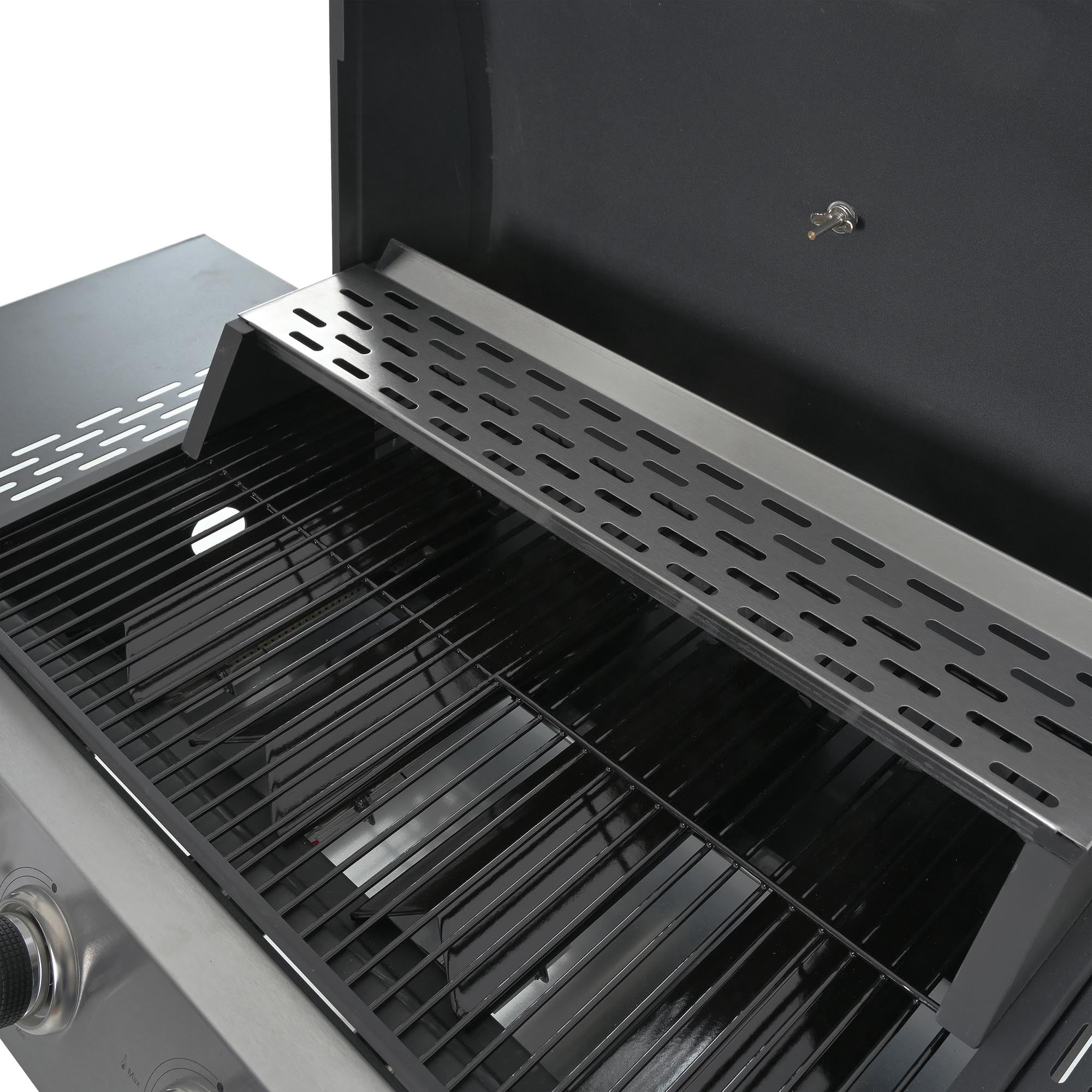 Stainless Steel BBQ Gas Grill 4-Burners Side Burner Thermometer Two Shelves Grilling Space Patio Garden Barbecue - Black