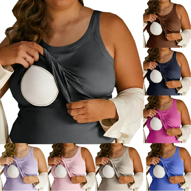 RKSTN Camisoles Roses pour Femmes Côtelées Grande Taille avec Soutien-Gorge Intégré Camisole Tendance Couleur Unie Sans Manches Col Ras du Cou Couche de Base Chandails Décontractés
